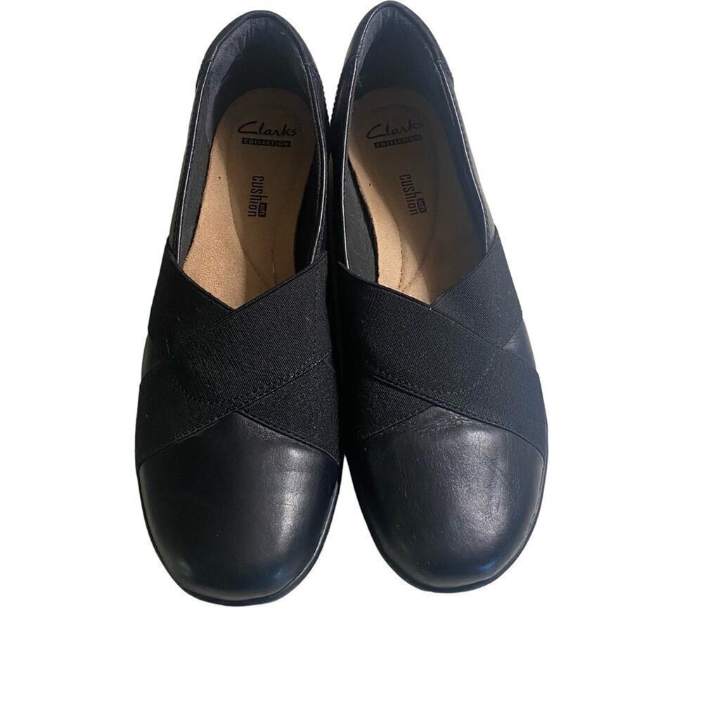 CLARKS Collection Women's Soft Cushion Slip On Black Leather Shoes, 10